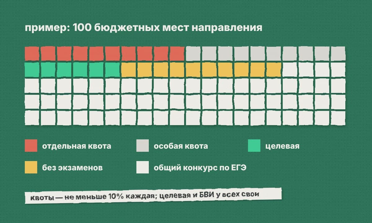 Сто клеток: 10 — отдельная квота, 10 — особая, часть — целевая, часть — без экзаменов, остальное — общий конкурс